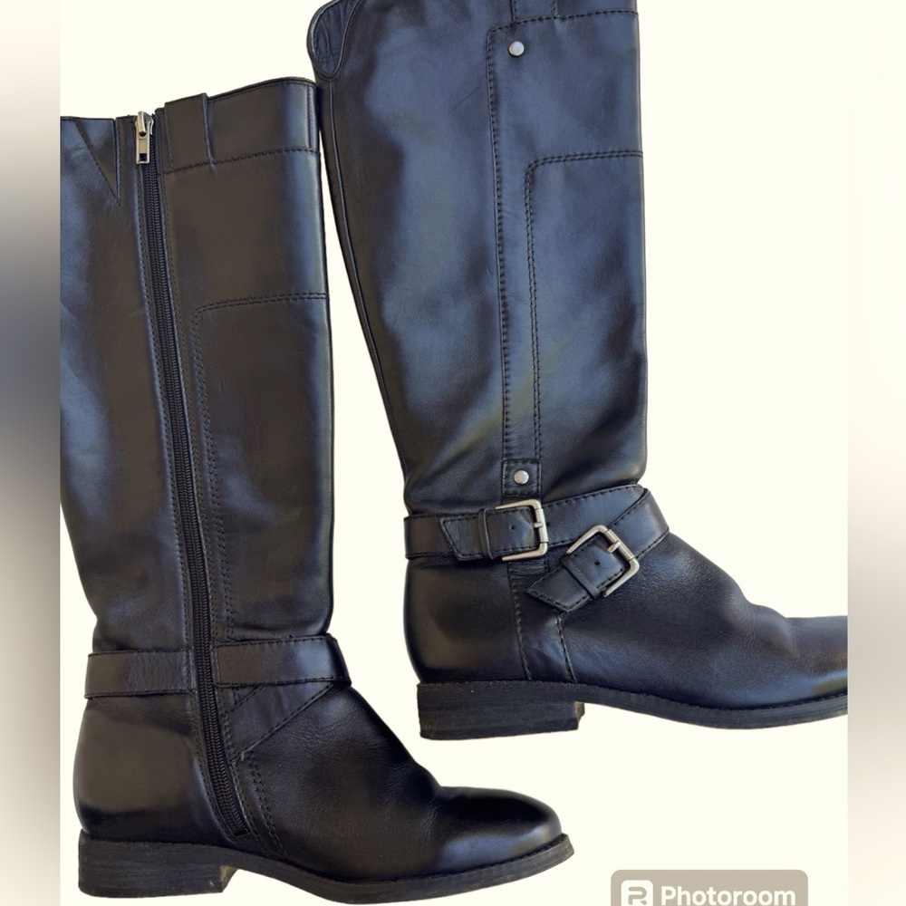 Marc Fisher Aysha Tall Black Knee High Riding Moto Boots Leather Sz. 6